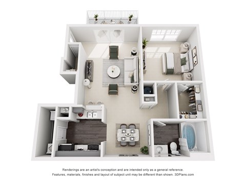 A 3D floor plan of a house with a living room, kitchen, and bathroom.